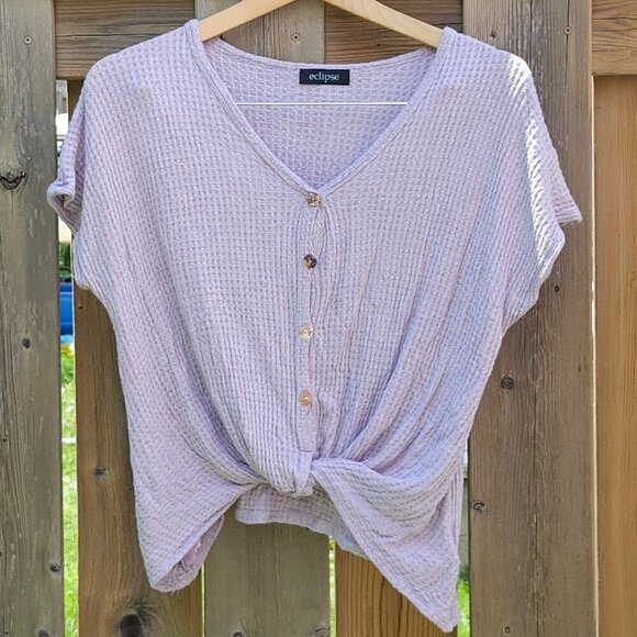 ECLIPSE Waffle Knit Front Tie T-Shirt Women's M Wooden buttons LAVENDER TOP - Picture 1 of 8